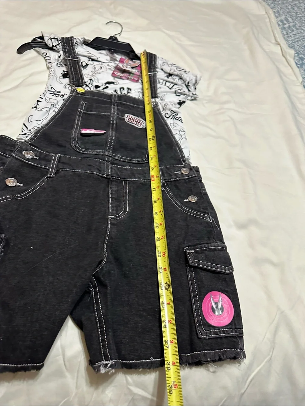 Warner Bros. Black Denim Short Overalls with Looney Tunes Patches